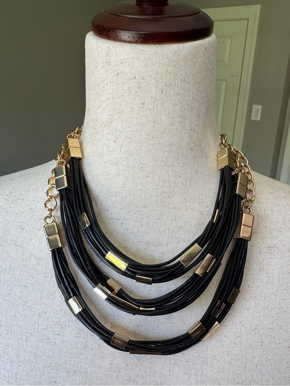 BCBGMaxazria Vintage Black Multi-Strand Statement Necklace with Gold Accents
